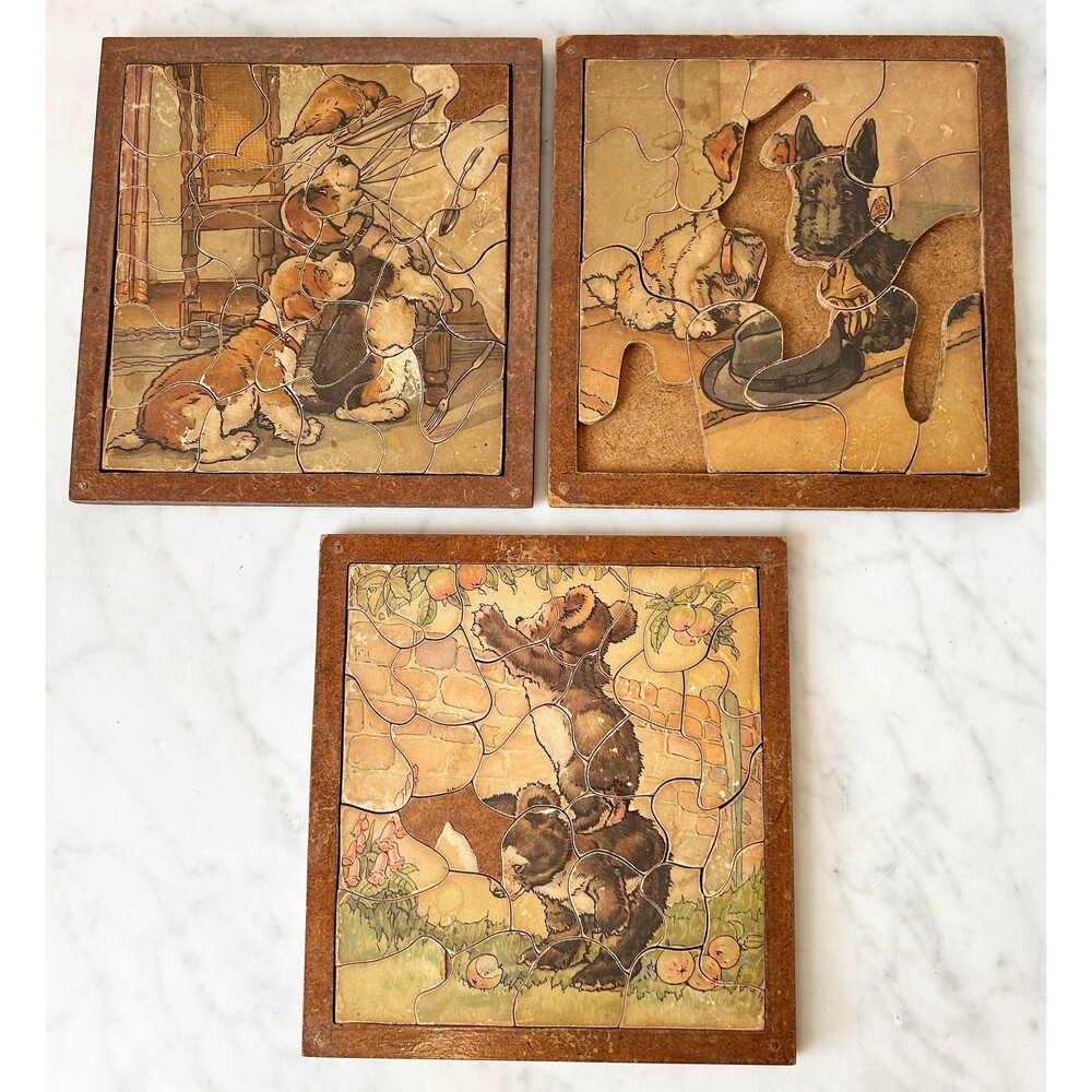 Vintage 1940s Wood Jigsaw Puzzle Lot of 3 Framed Children Dogs Bears 2 Complete